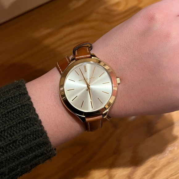 Michael Kors Double Band Leather Gold Watch - Picture 2 of 7